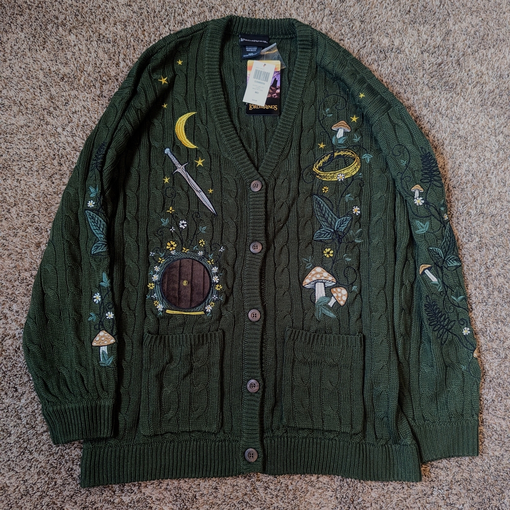 Hot Topic Lord of the Rings Green Embroidered Cardigan Sweater